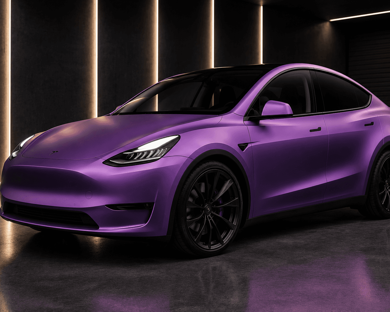 Tesla Model Y wrapped in premium matte purple vinyl film with smooth non-reflective finish