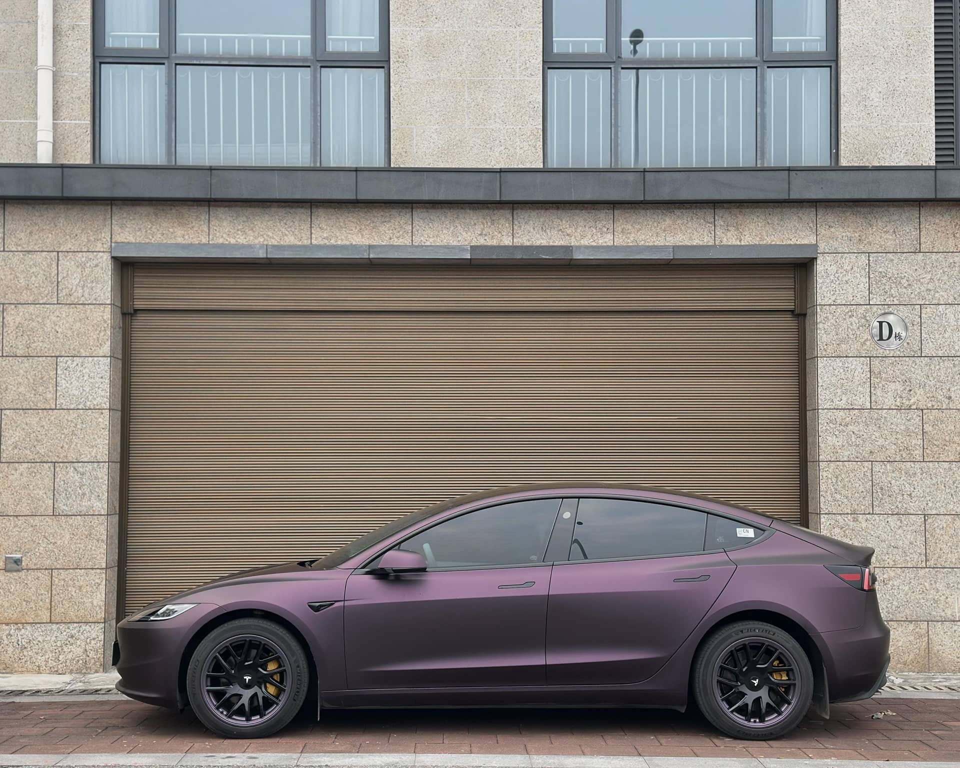 Matte purple Tesla Model 3 electric car parked in front of a brown garage door