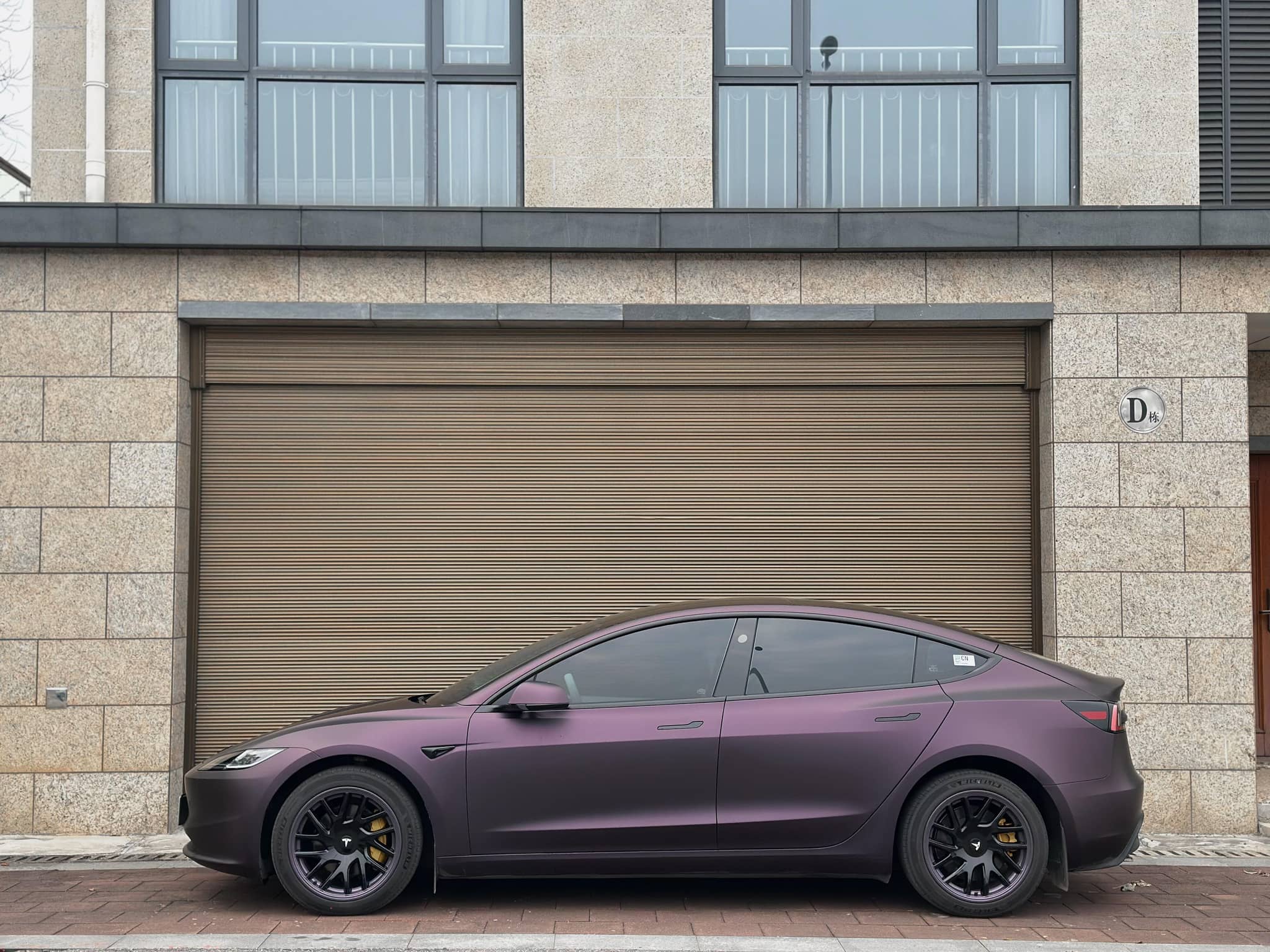 Matte purple Tesla Model 3 electric car parked in front of a brown garage door