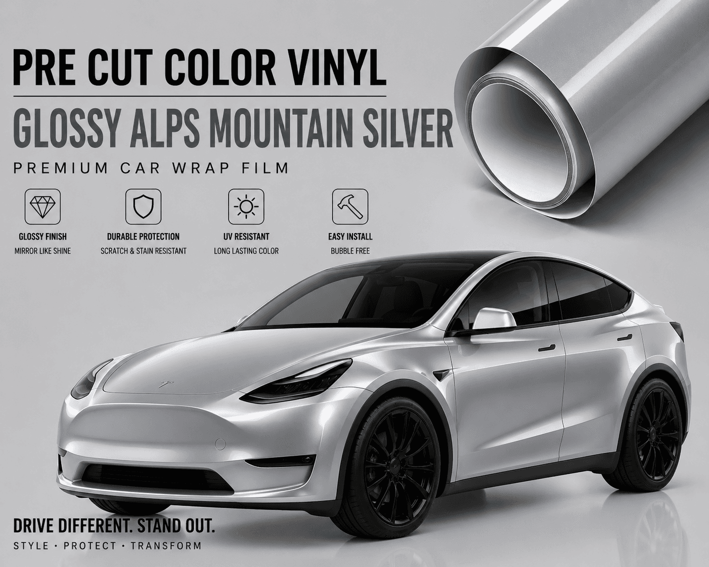 WrapBug Pre-cut Tesla Wrap Kit in Glossy Alps Mountain Silver vinyl for sleek car customization