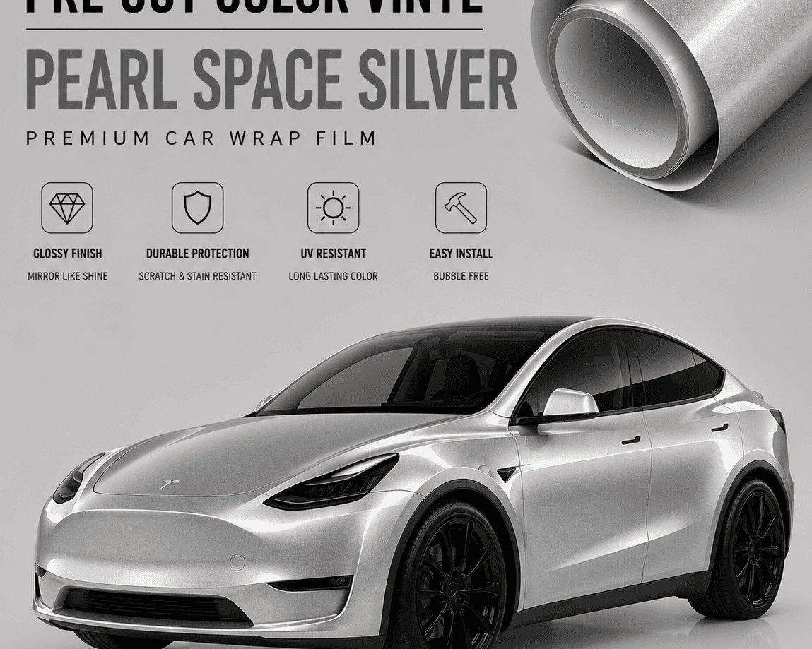 Pre-cut Tesla Vinyl Wrap Kit in pearl space silver with glossy finish and durable UV resistant protection