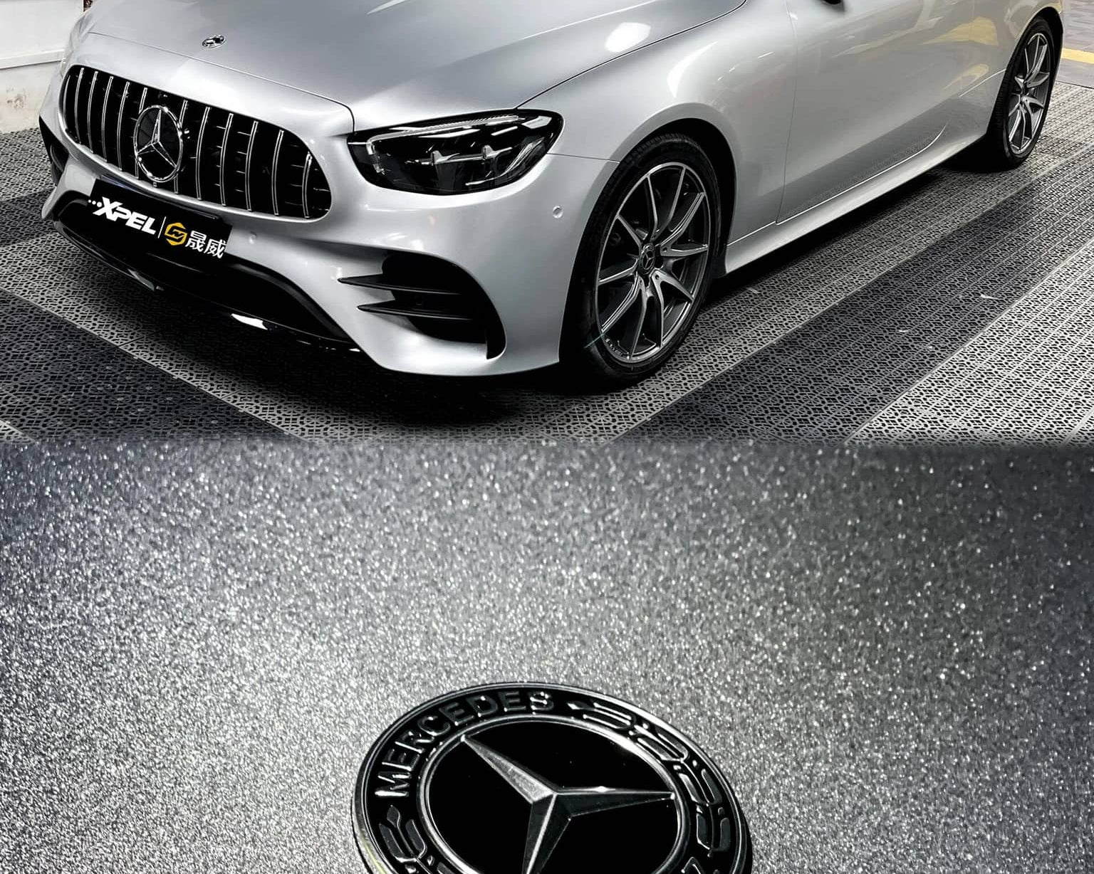 WrapBug pre-cut Tesla vinyl wrap kit applied on silver Mercedes car in showroom with glossy finish