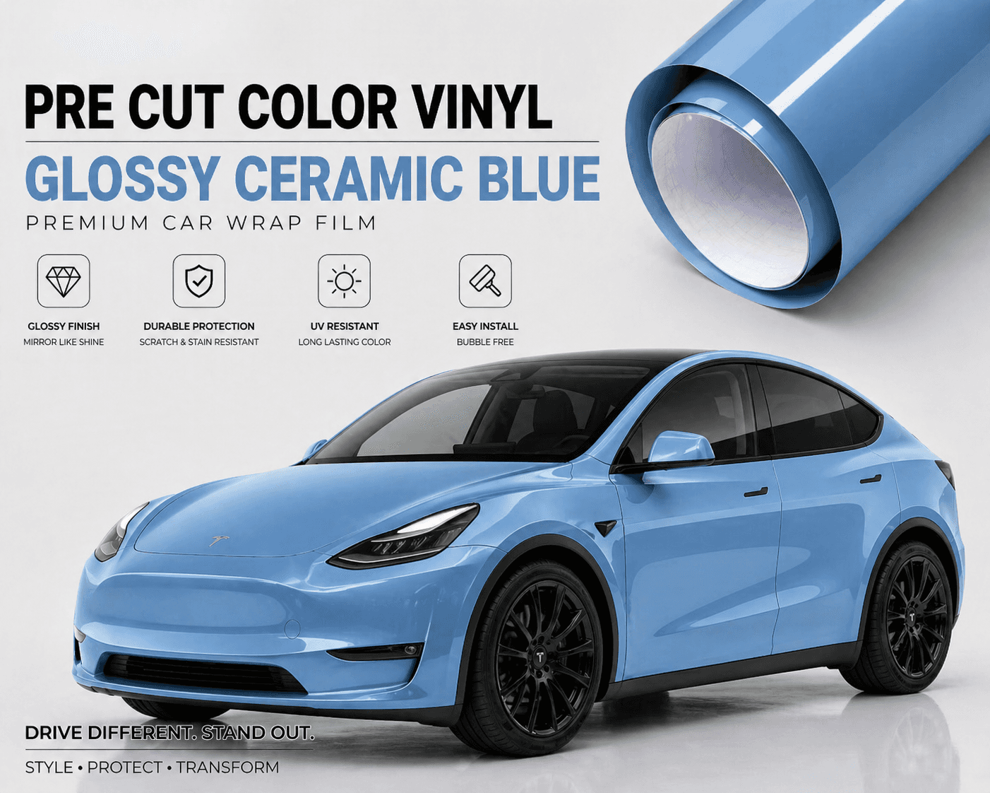 Pre-cut Tesla Vinyl Wrap Kit in glossy ceramic blue showing roll of vinyl and wrapped blue Tesla car