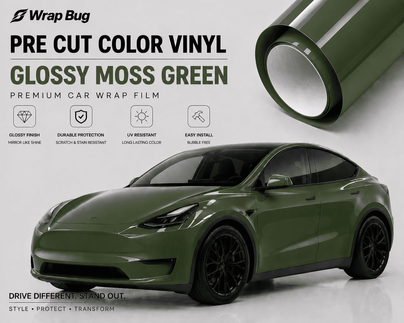 WrapBug pre cut color vinyl in glossy moss green applied on black SUV for premium car wrap