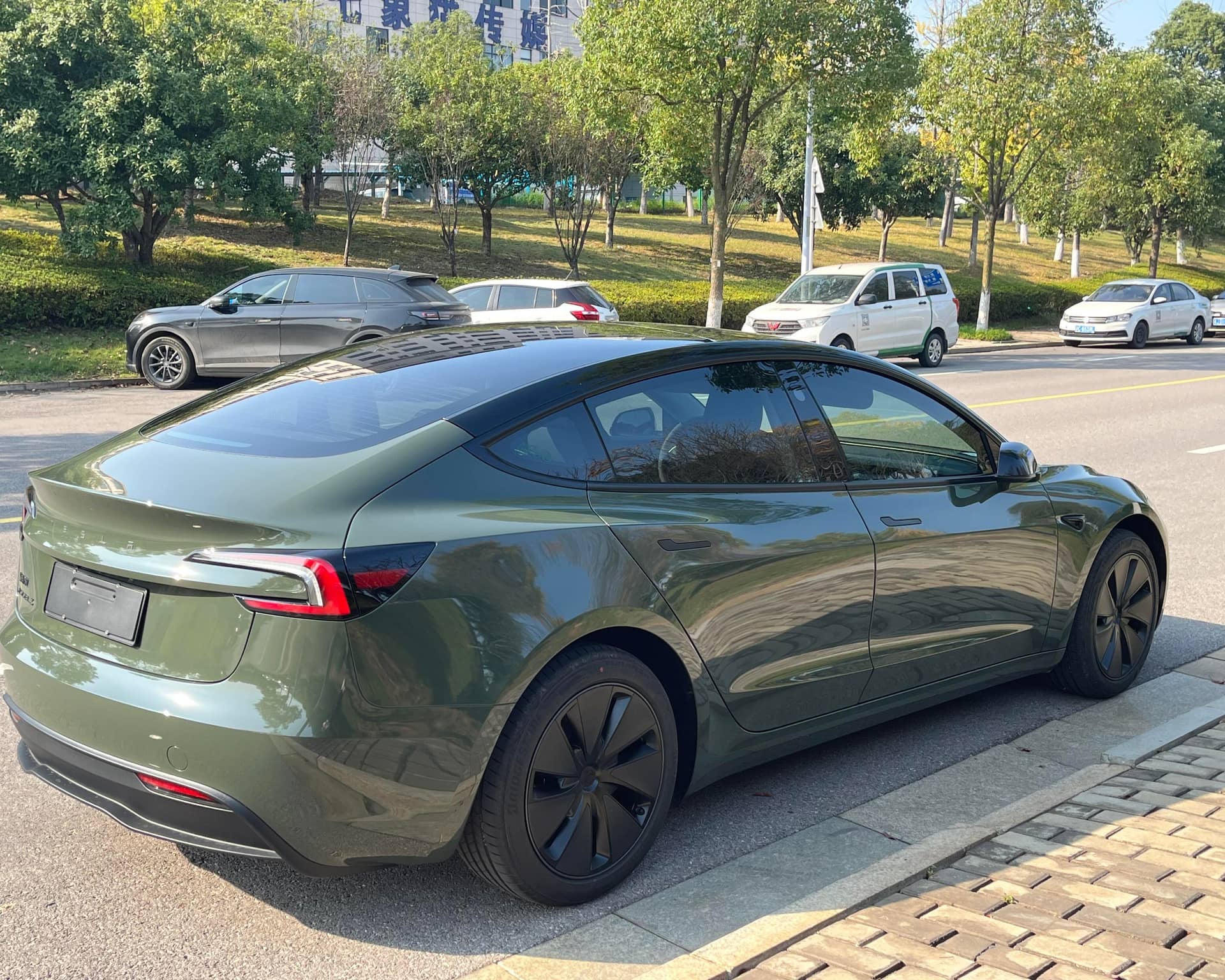 Green Tesla Model 3 electric car parked on street with black wheel covers under clear sky