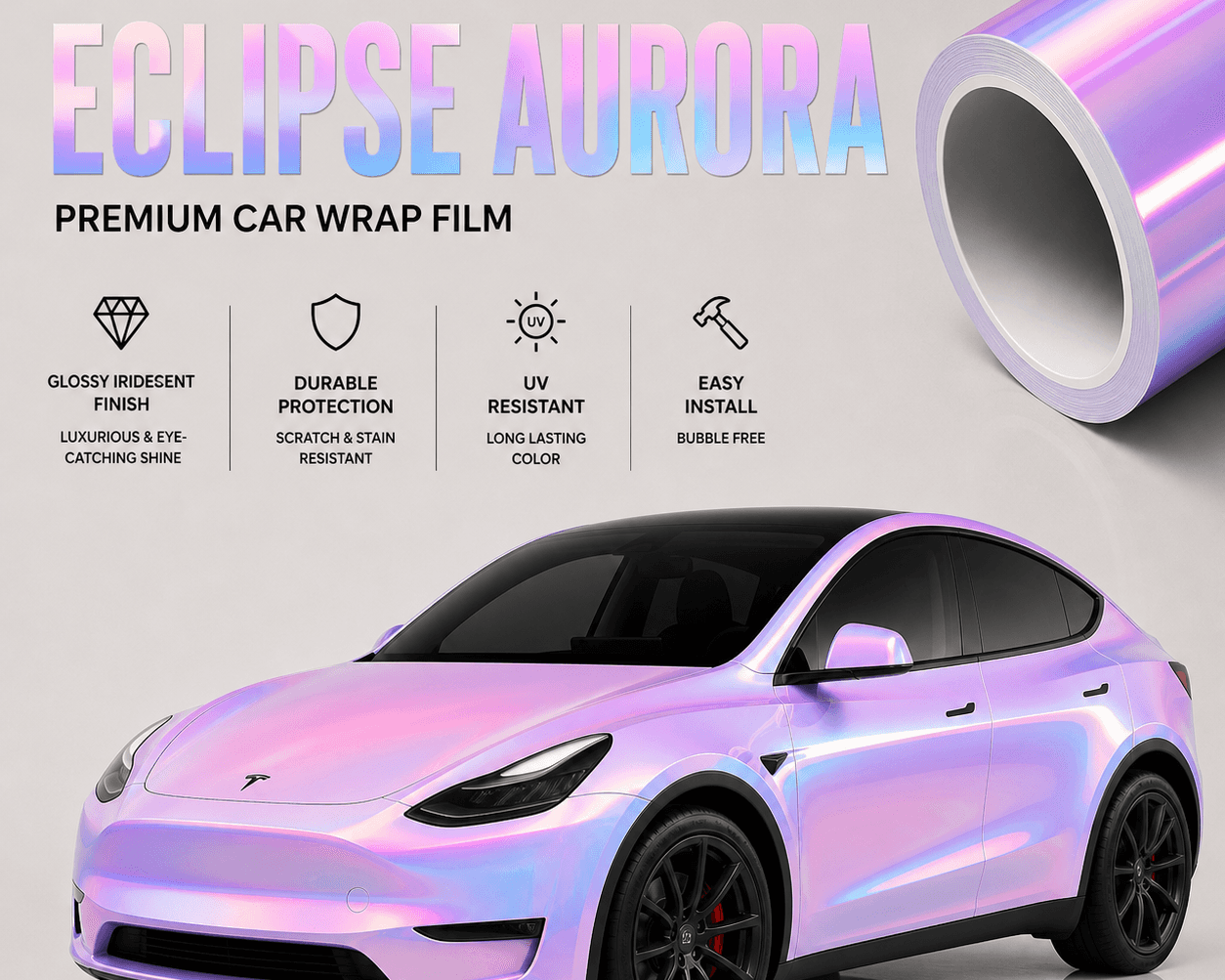 WrapBug Eclipse Aurora premium car wrap film on Tesla Model Y with glossy iridescent pink and purple finish