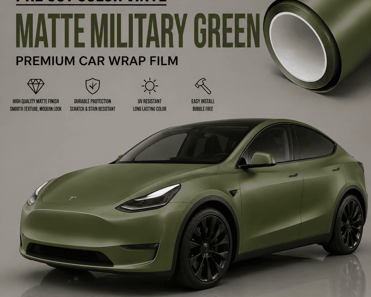 WrapBug matte military green pre-cut color vinyl premium car wrap film on Tesla Model Y
