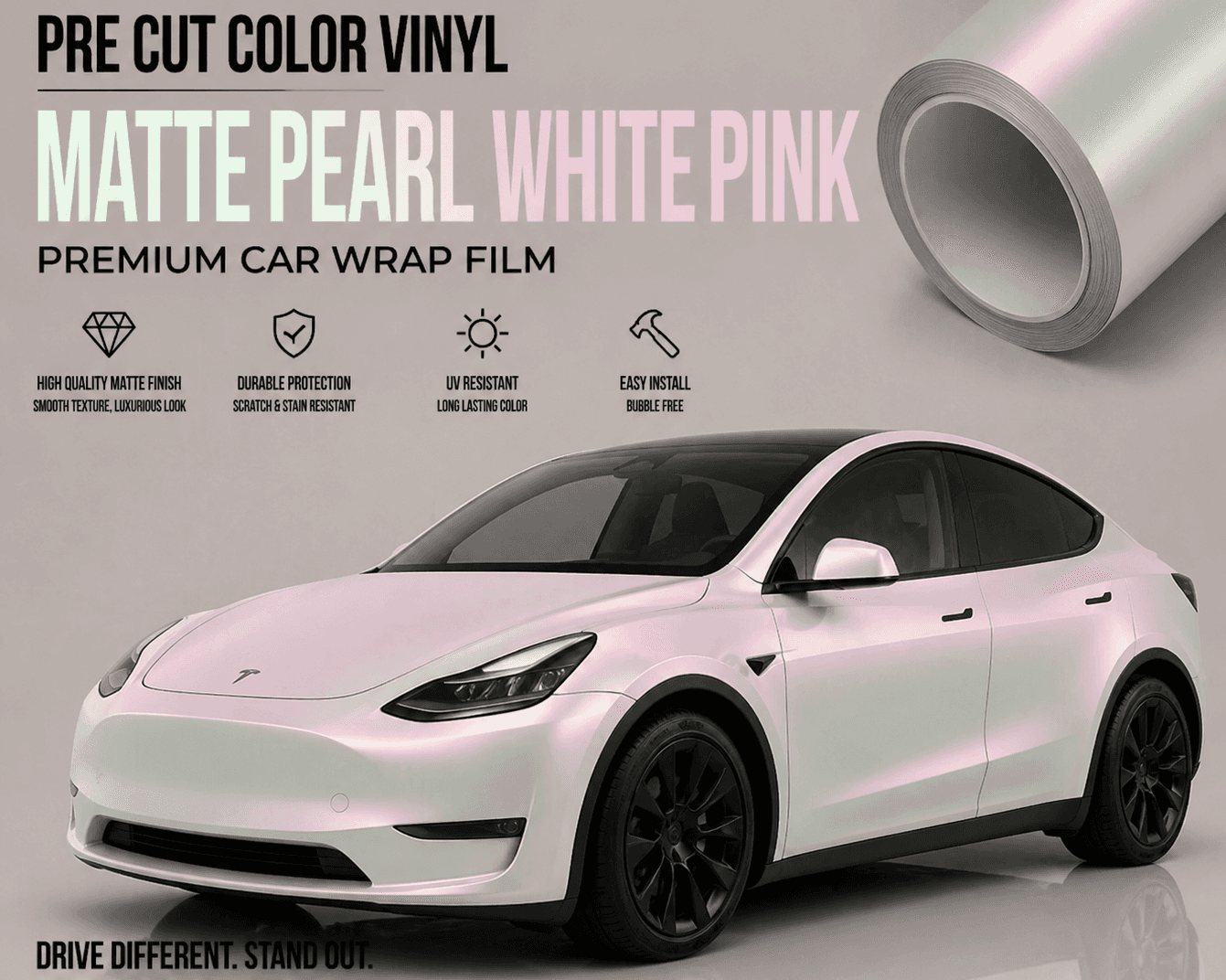 WrapBug matte pearl white pink pre cut color vinyl premium car wrap film on Tesla Model Y