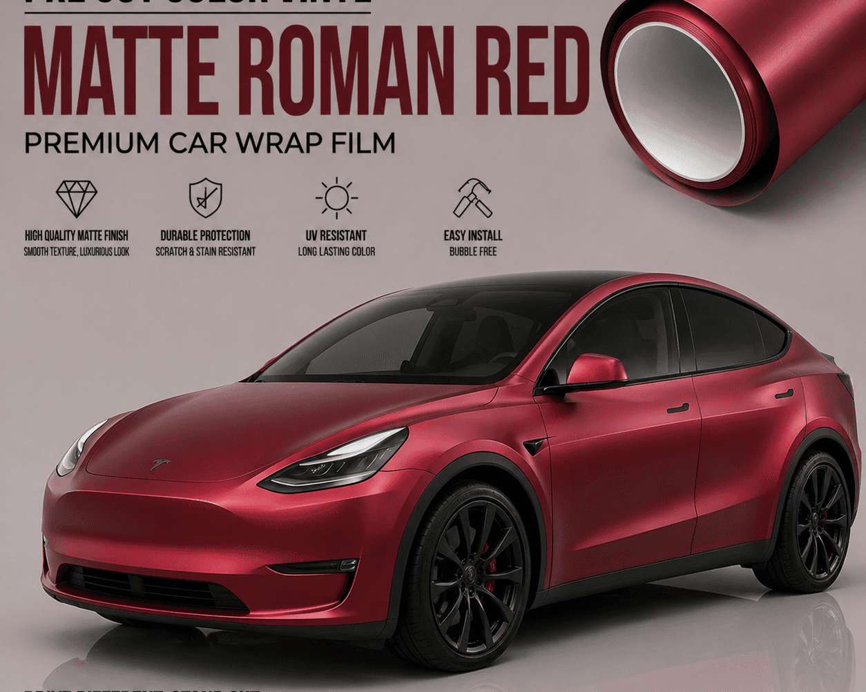 Matte Roman Red premium car wrap film by WrapBug shown on a red Tesla Model Y with smooth matte finish