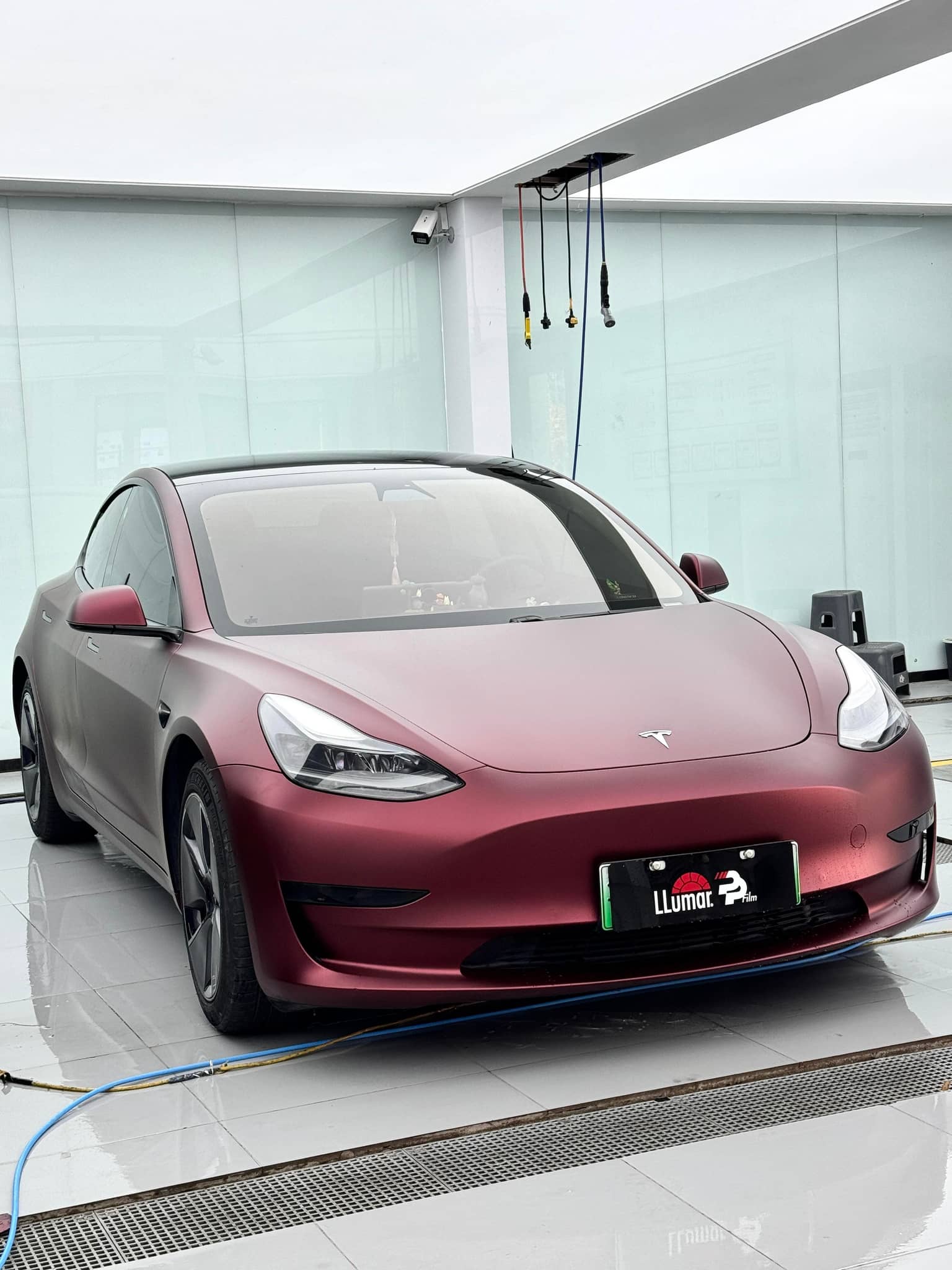 Matte burgundy Tesla Model 3 with custom car wrap by WrapBug in a clean studio setting
