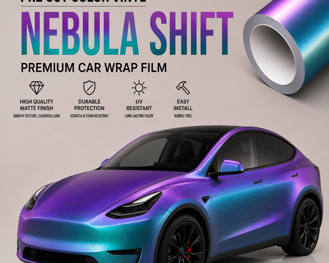 Tesla Model Y with matte finish and color shift effect