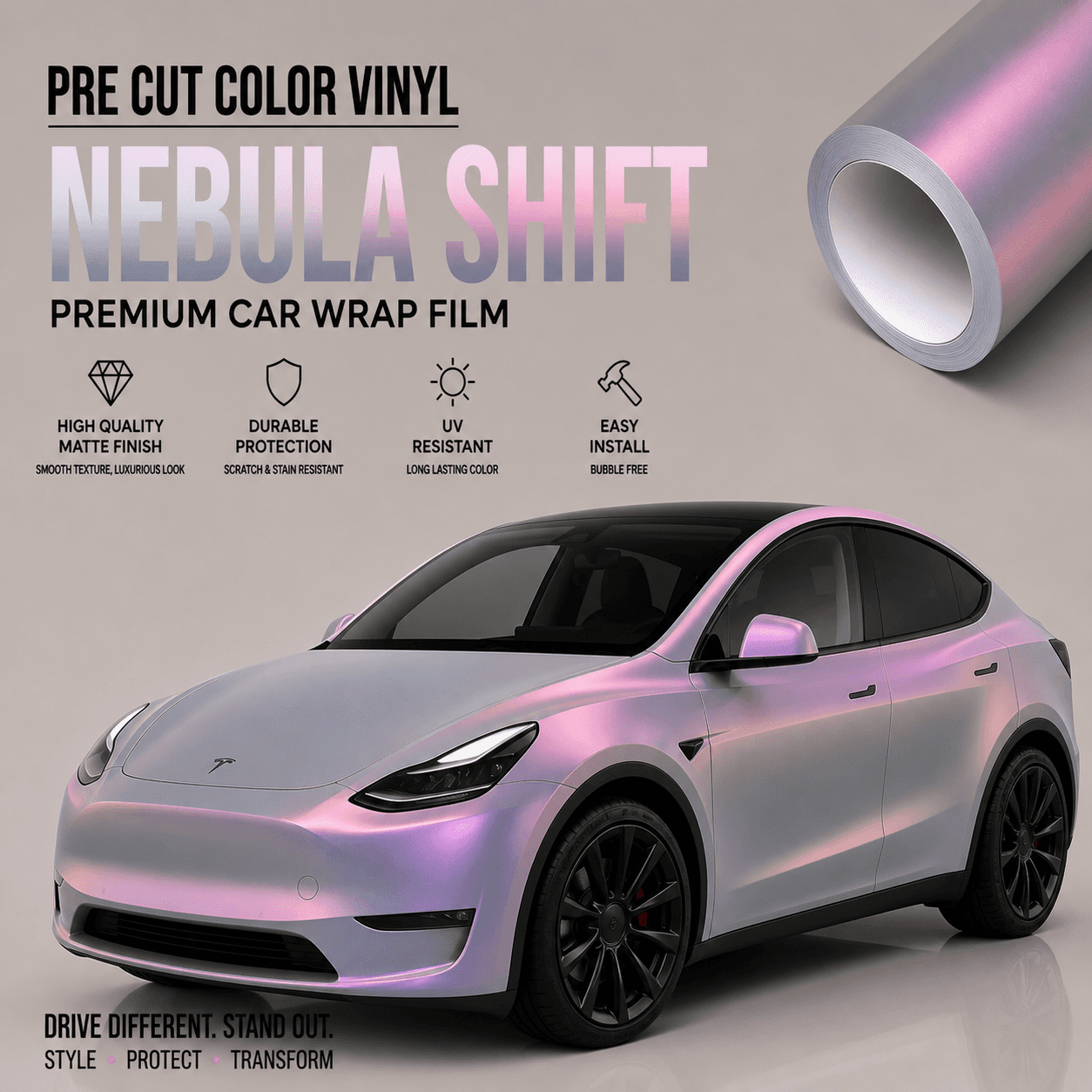 Tesla Model Y showcasing matte finish and iridescent purple color