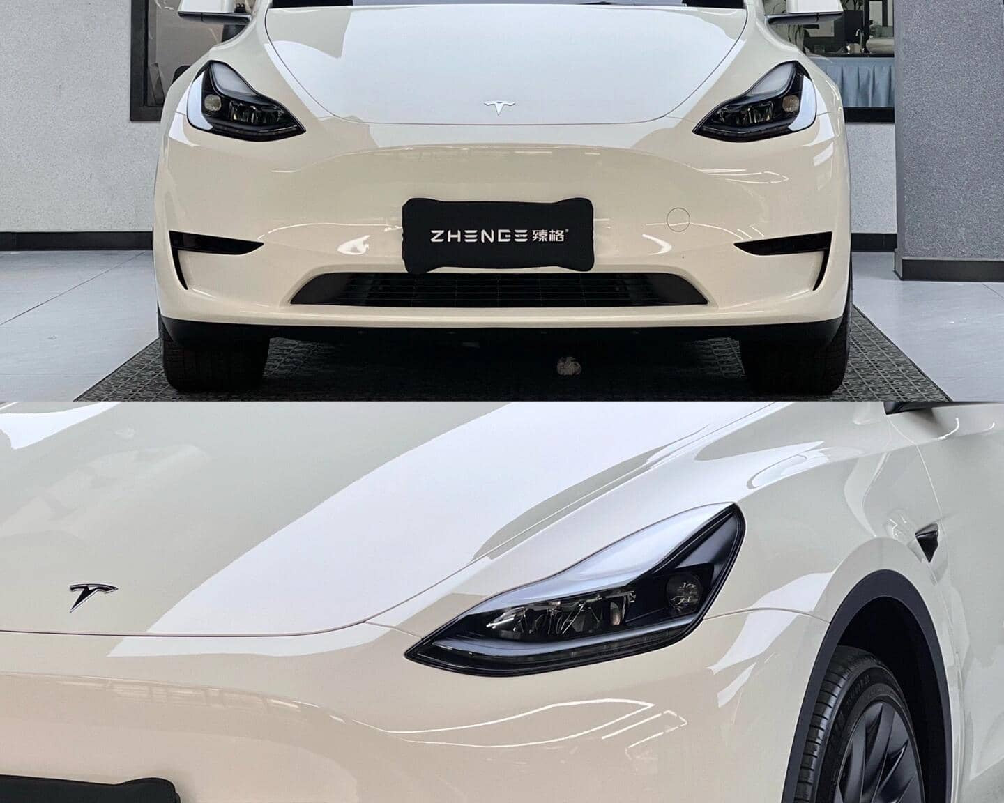 White Tesla Model Y featuring a Pre-cut Tesla Vinyl Wrap Kit by WrapBug for sleek car customization