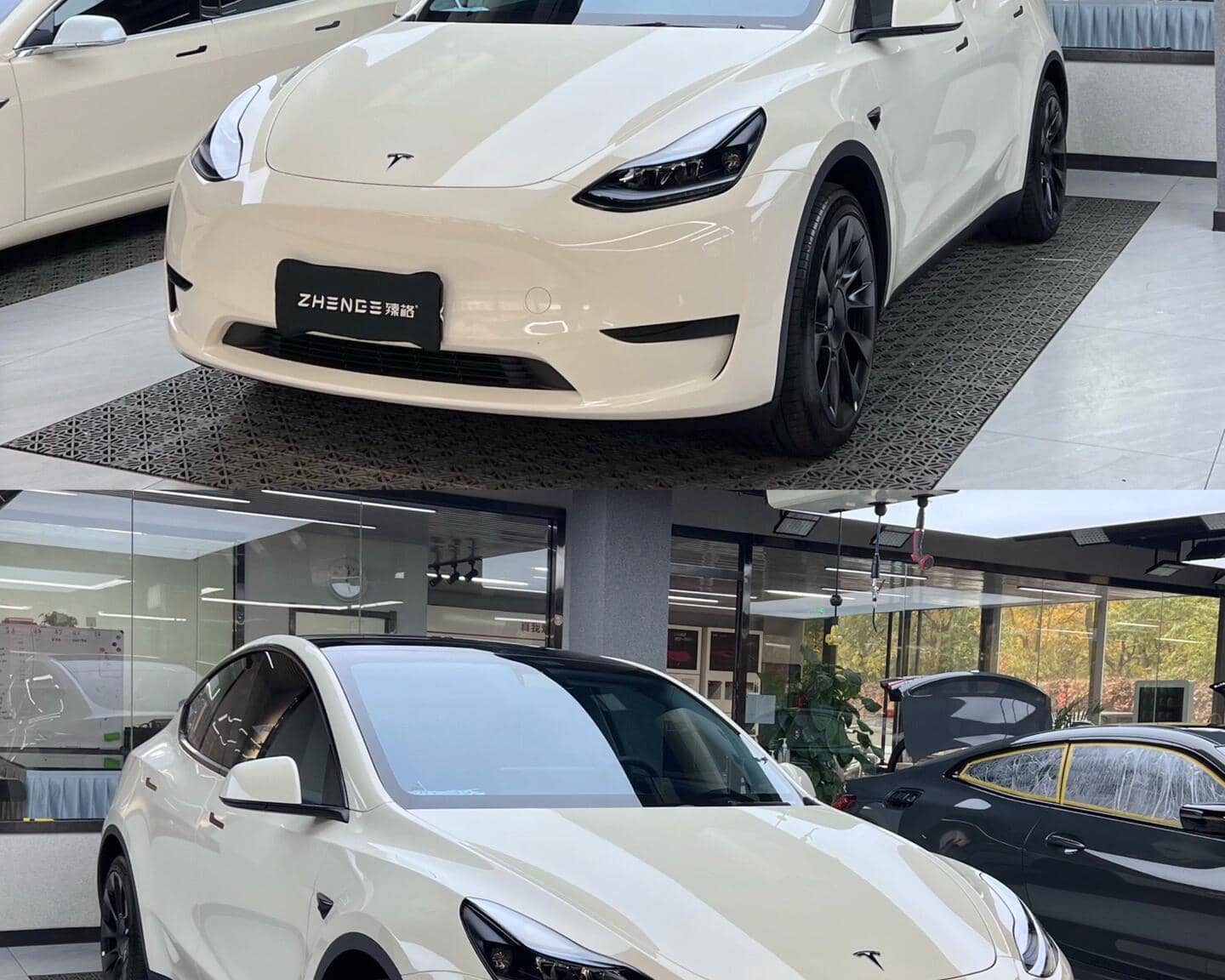White Tesla Model Y wrapped with a Pre-cut Tesla Vinyl Wrap Kit by WrapBug in a showroom