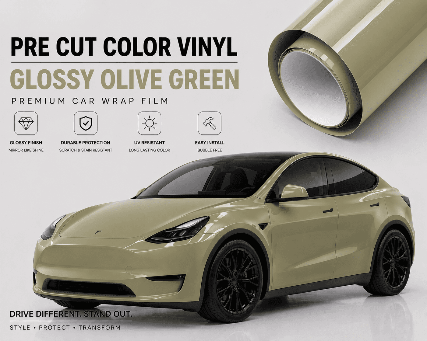 Pre-cut Tesla Vinyl Wrap Kit in glossy olive green showing a wrapped Tesla SUV and vinyl roll