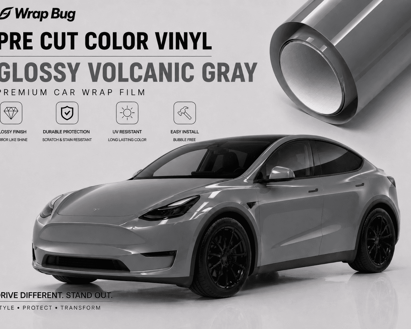 Pre-cut Tesla Vinyl Wrap Kit in glossy volcanic gray displayed on a Tesla Model Y with a premium car wrap film roll