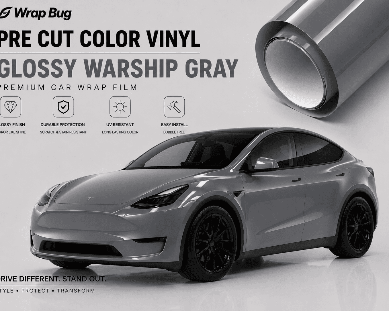 WrapBug pre-cut Tesla vinyl wrap kit in glossy warship gray showing a wrapped Tesla car and vinyl roll