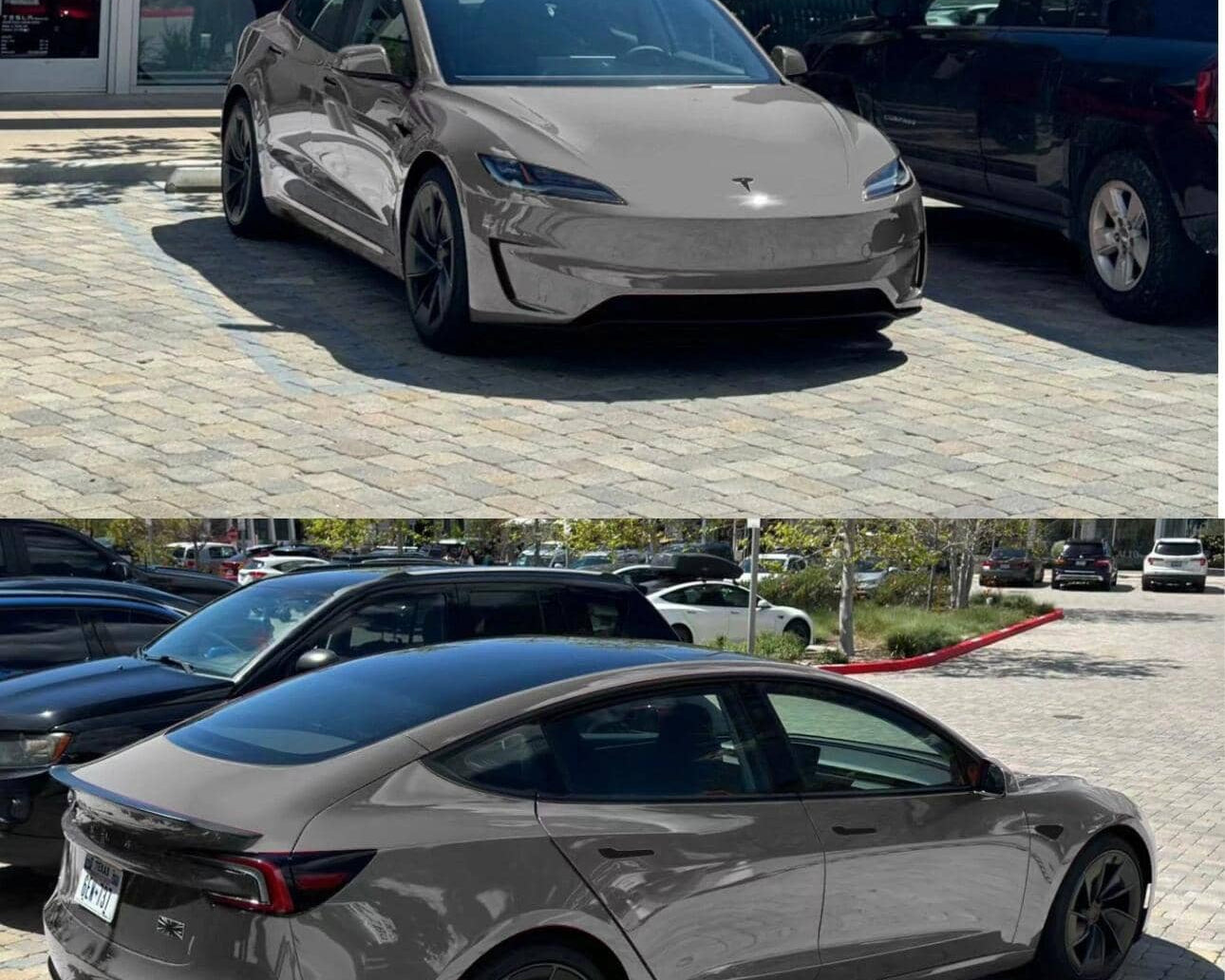 Gray Tesla sedan fully covered with a pre-cut Tesla vinyl wrap kit parked outdoors on a sunny day
