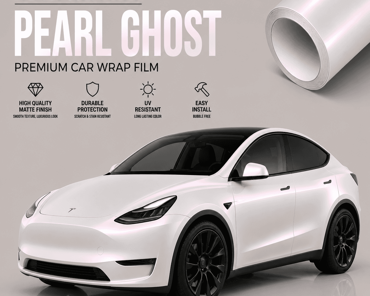 Pre-cut Tesla Vinyl Wrap Kit in Pearl Ghost matte finish with durable, UV-resistant car wrap film
