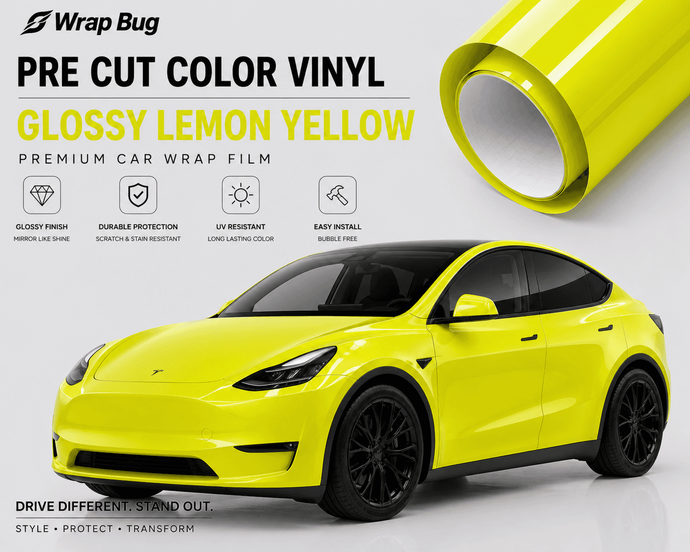 Glossy lemon yellow Pre-cut Tesla Vinyl Wrap Kit applied on a Tesla Model Y for vibrant car color