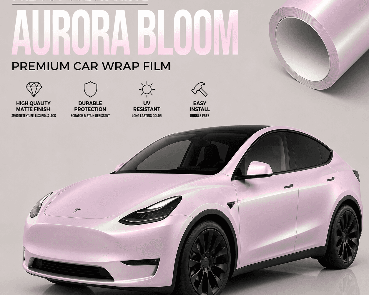WrapBug Pre-cut Tesla Wrap Kit in Aurora Bloom pink matte premium vinyl film for car wrap
