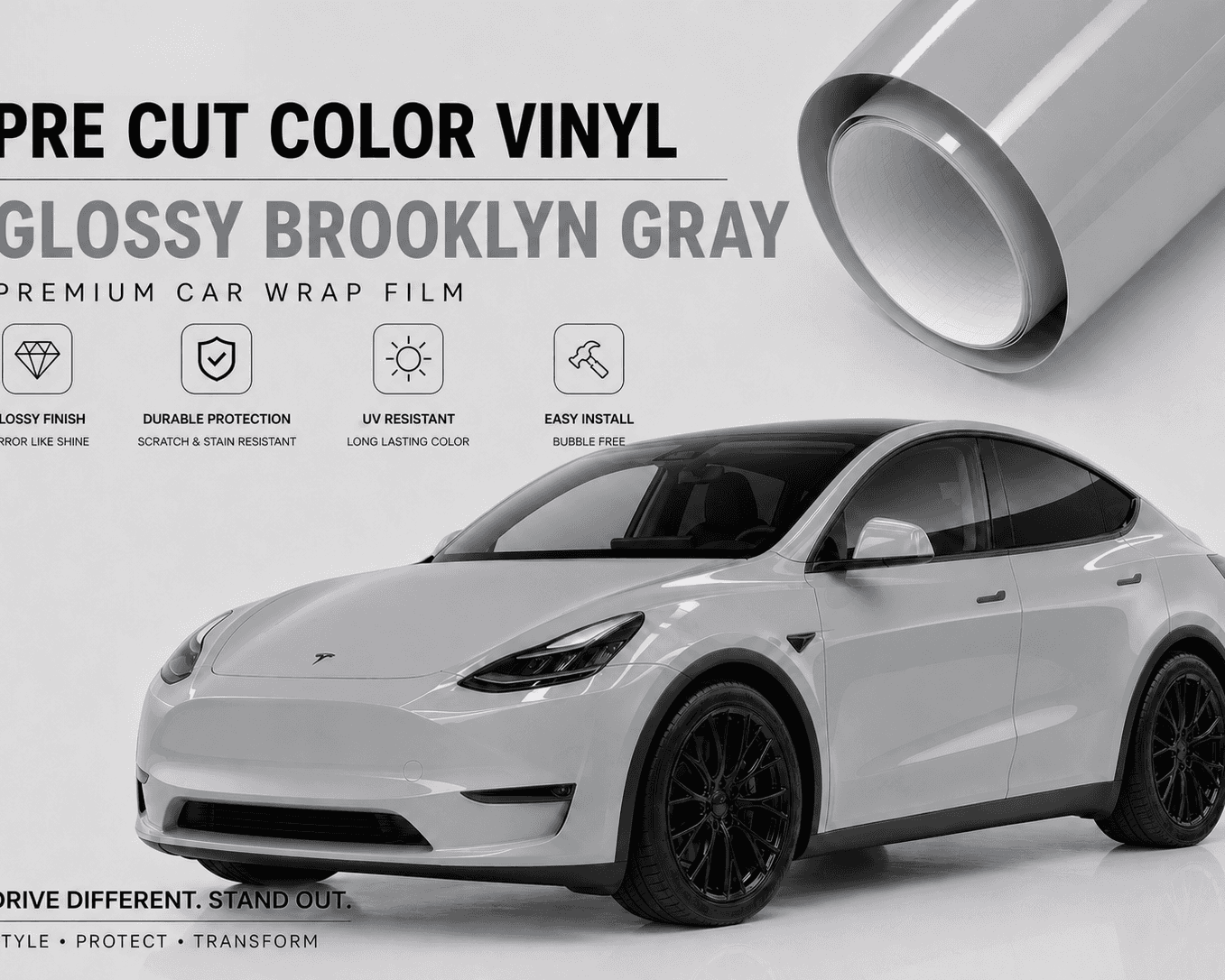 Pre-cut Tesla Wrap Kit in Glossy Brooklyn Gray vinyl for Tesla Model Y with durable, UV resistant finish