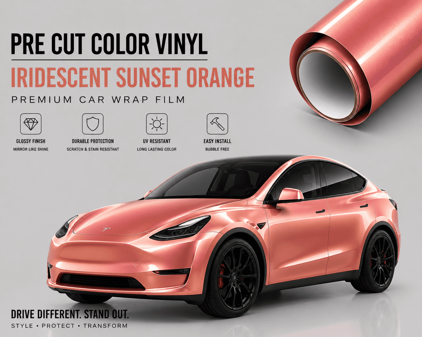 Pre-cut Tesla Wrap Kit in iridescent sunset orange vinyl applied on a Tesla Model Y with glossy finish