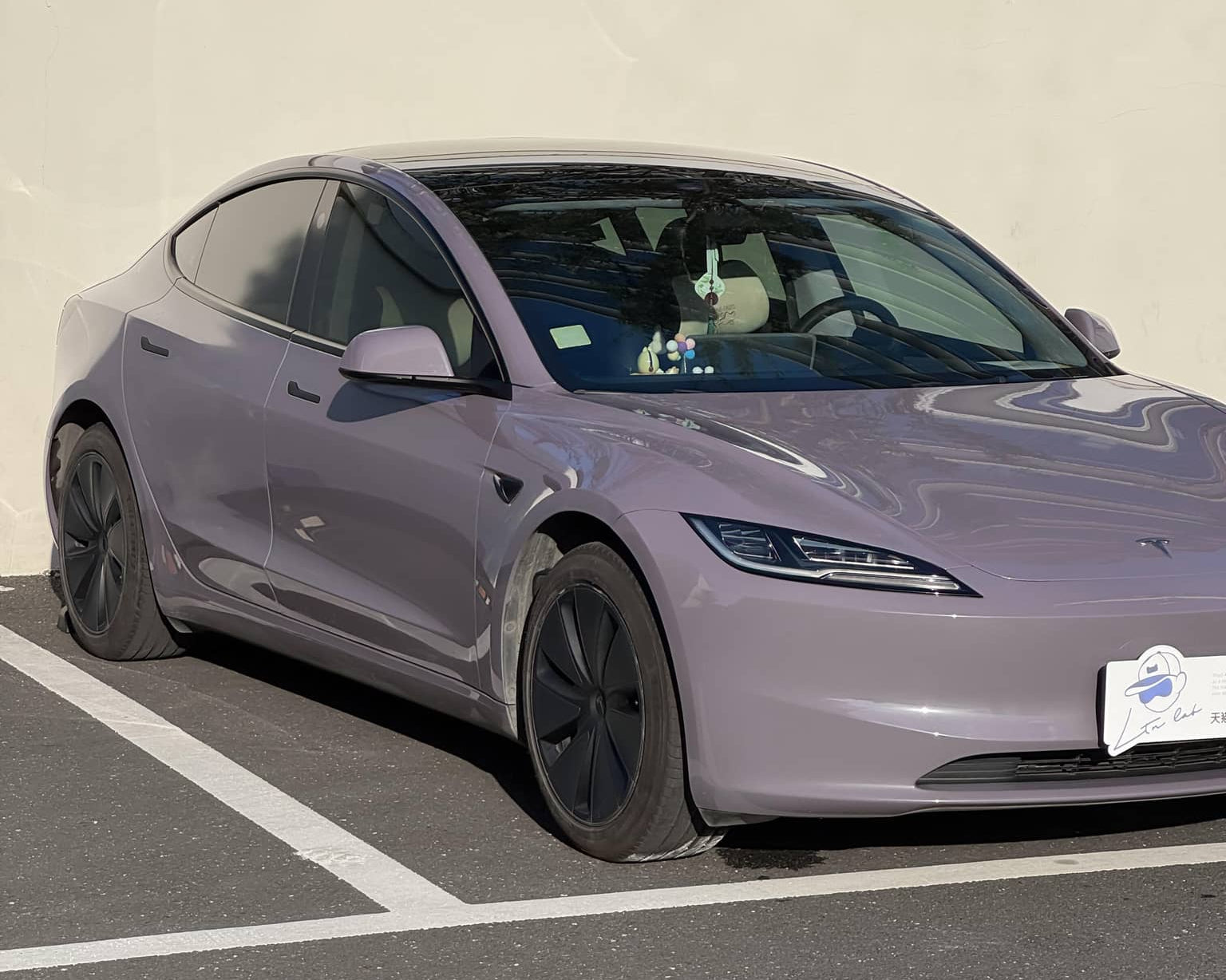 Tesla Model 3 wrapped in a unique color using a Pre-cut Tesla Wrap Kit by WrapBug parked in an outdoor lot
