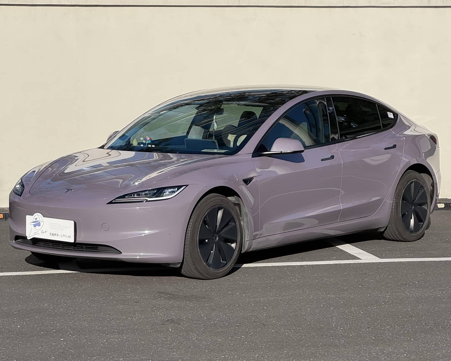 Tesla Model 3 in light purple color featuring WrapBug Pre-cut Tesla Wrap Kit parked outdoors