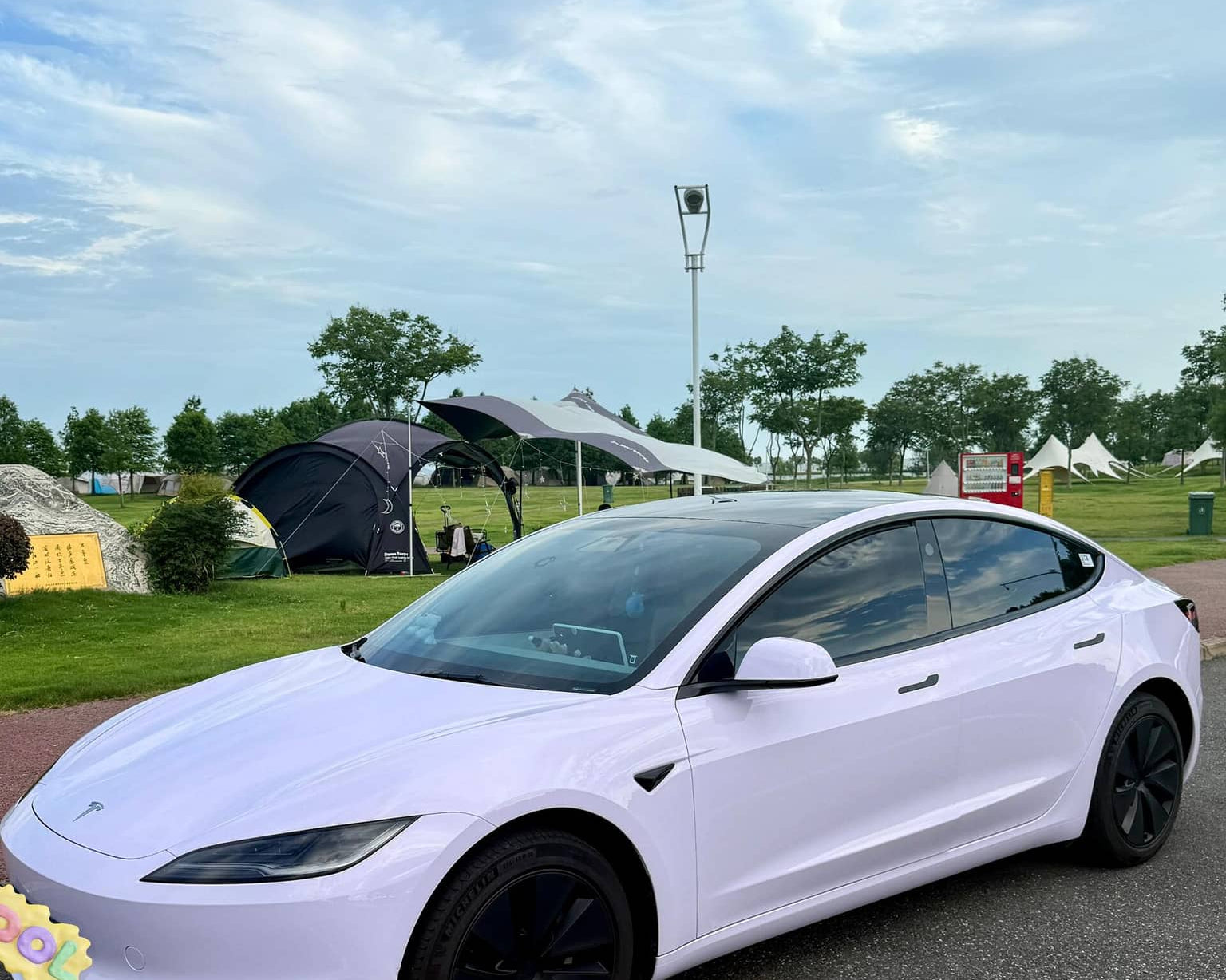 White Tesla Model 3 with WrapBug pre-cut Tesla wrap kit installed on a road near a park