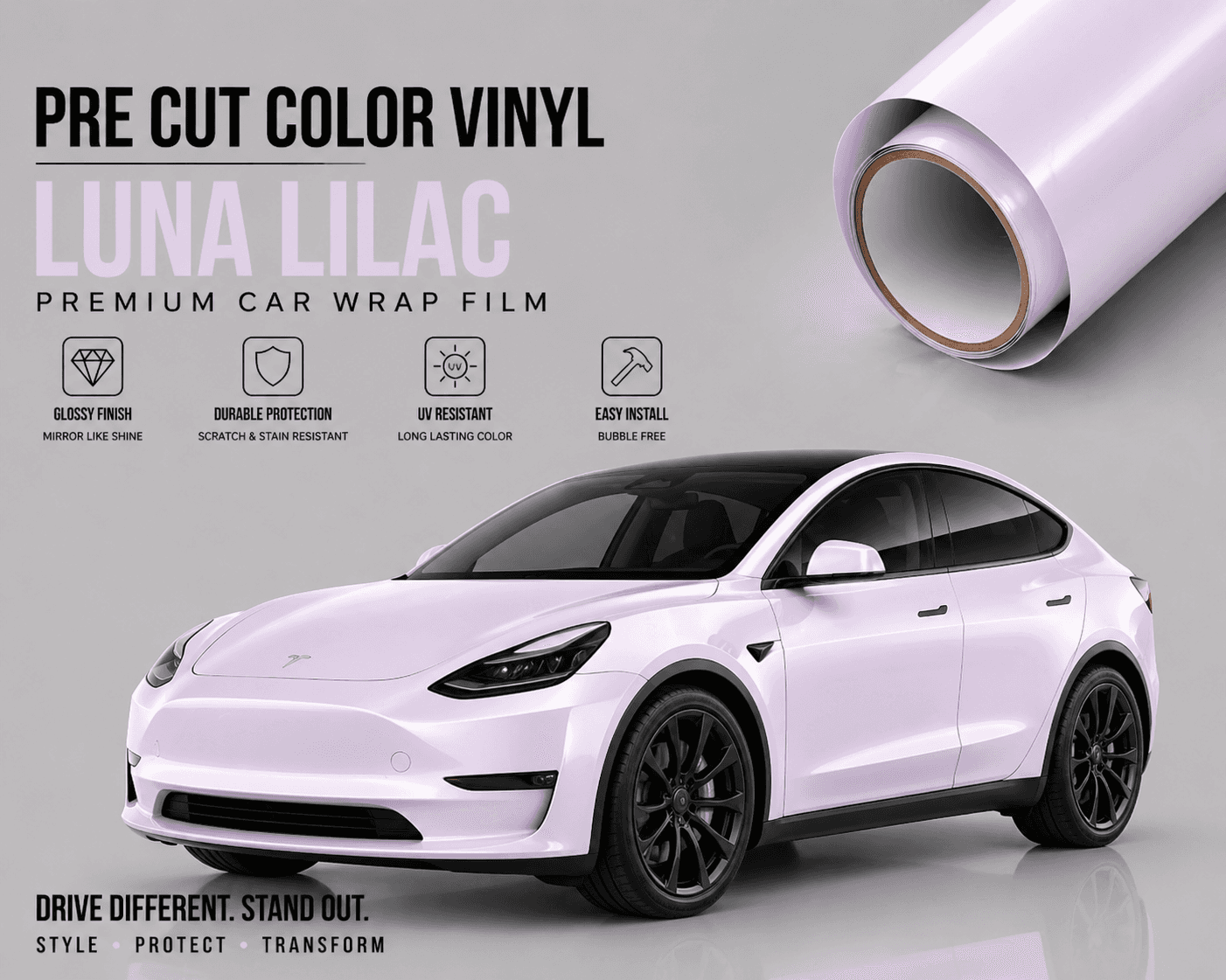 Pre-cut Tesla Wrap Kit Luna Lilac color vinyl wrap film shown on white Tesla Model Y with glossy finish and durable protection