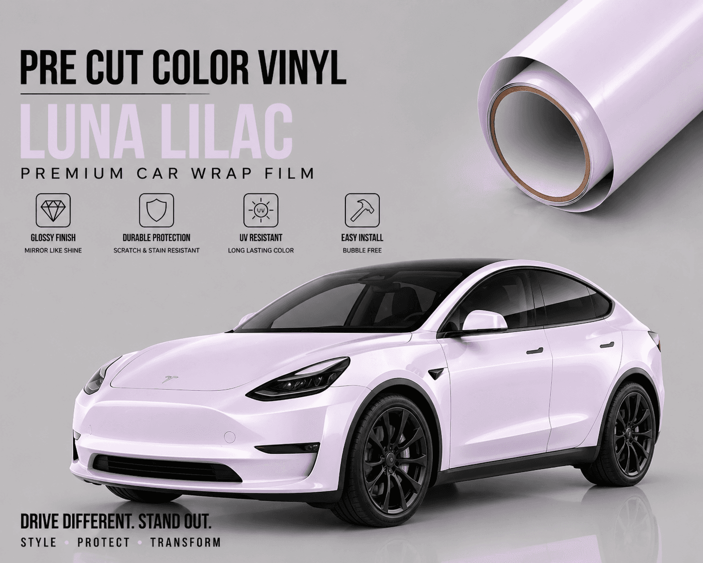 Pre-cut Tesla Wrap Kit Luna Lilac color vinyl wrap film shown on white Tesla Model Y with glossy finish and durable protection