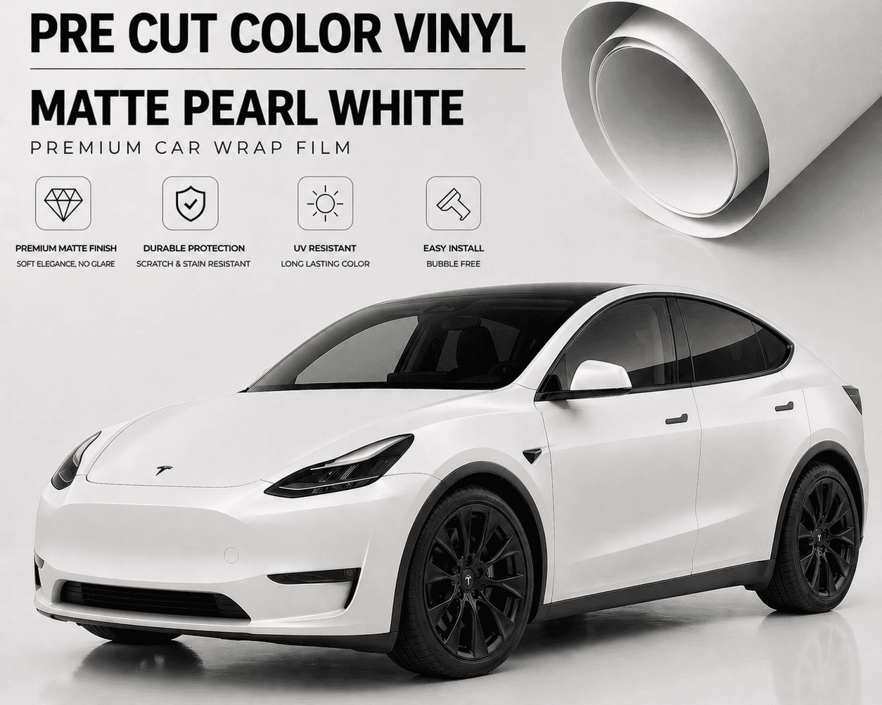 Pre-cut Tesla wrap kit in matte pearl white vinyl showing a wrapped Tesla Model Y with premium car wrap film
