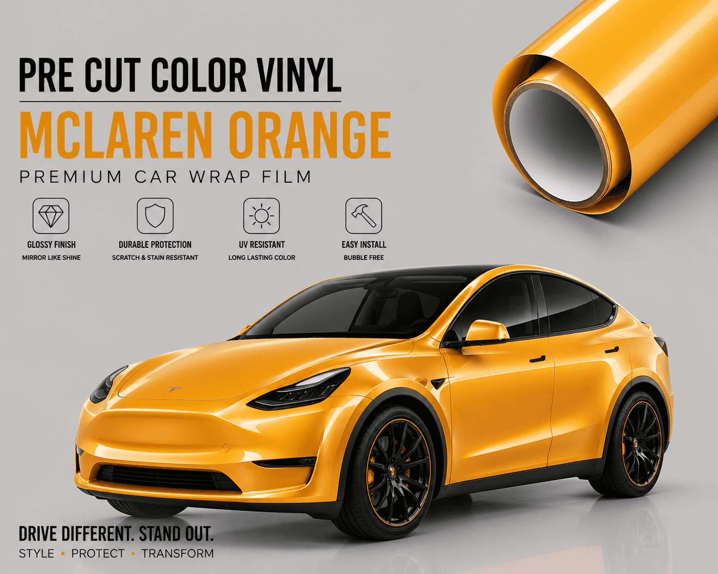 Pre-cut Tesla Wrap Kit McLaren Orange vinyl car wrap with glossy finish and durable UV resistant protection