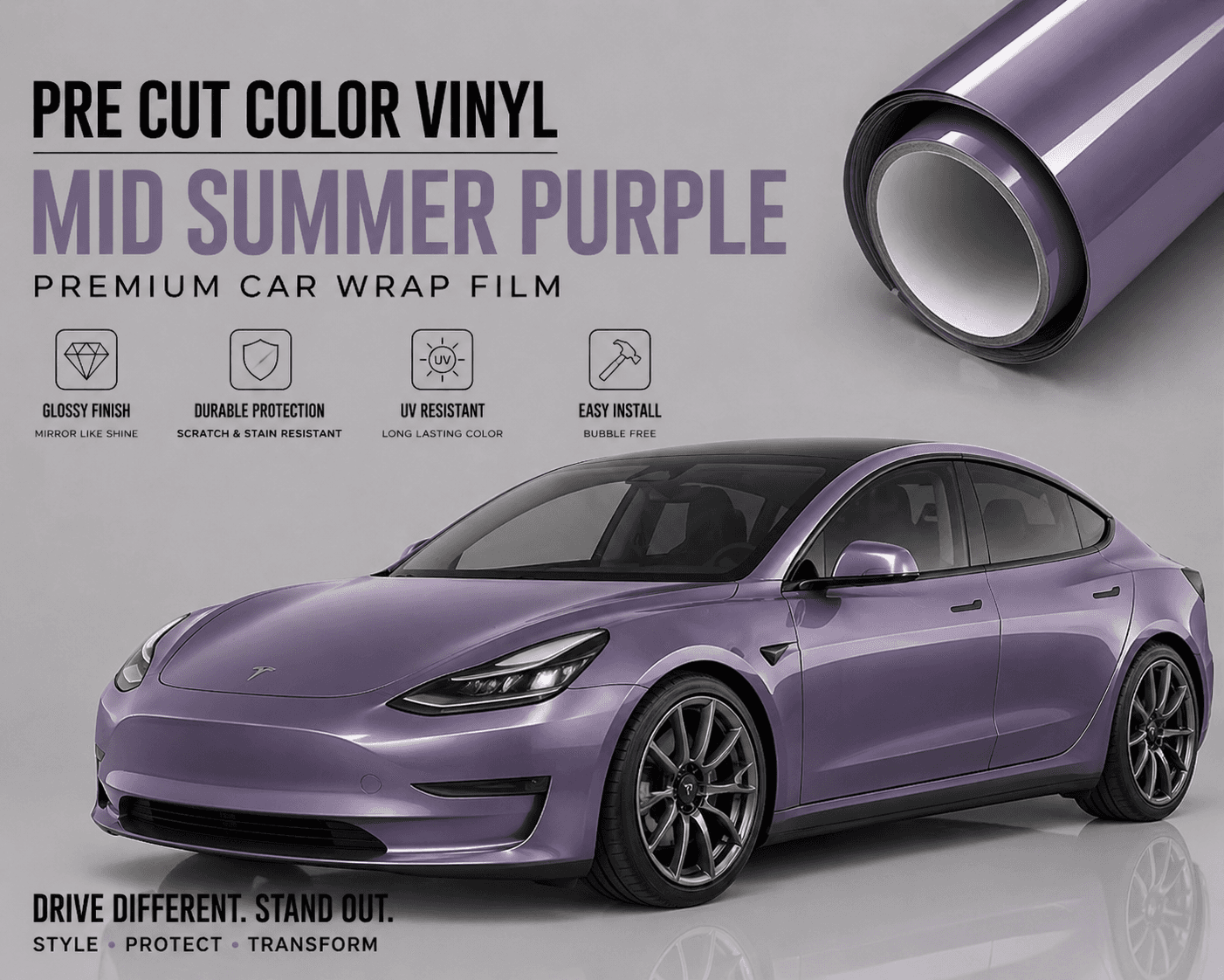 Pre-cut Tesla Wrap Kit in Mid Summer Purple glossy vinyl with durable protection on a Tesla Model 3