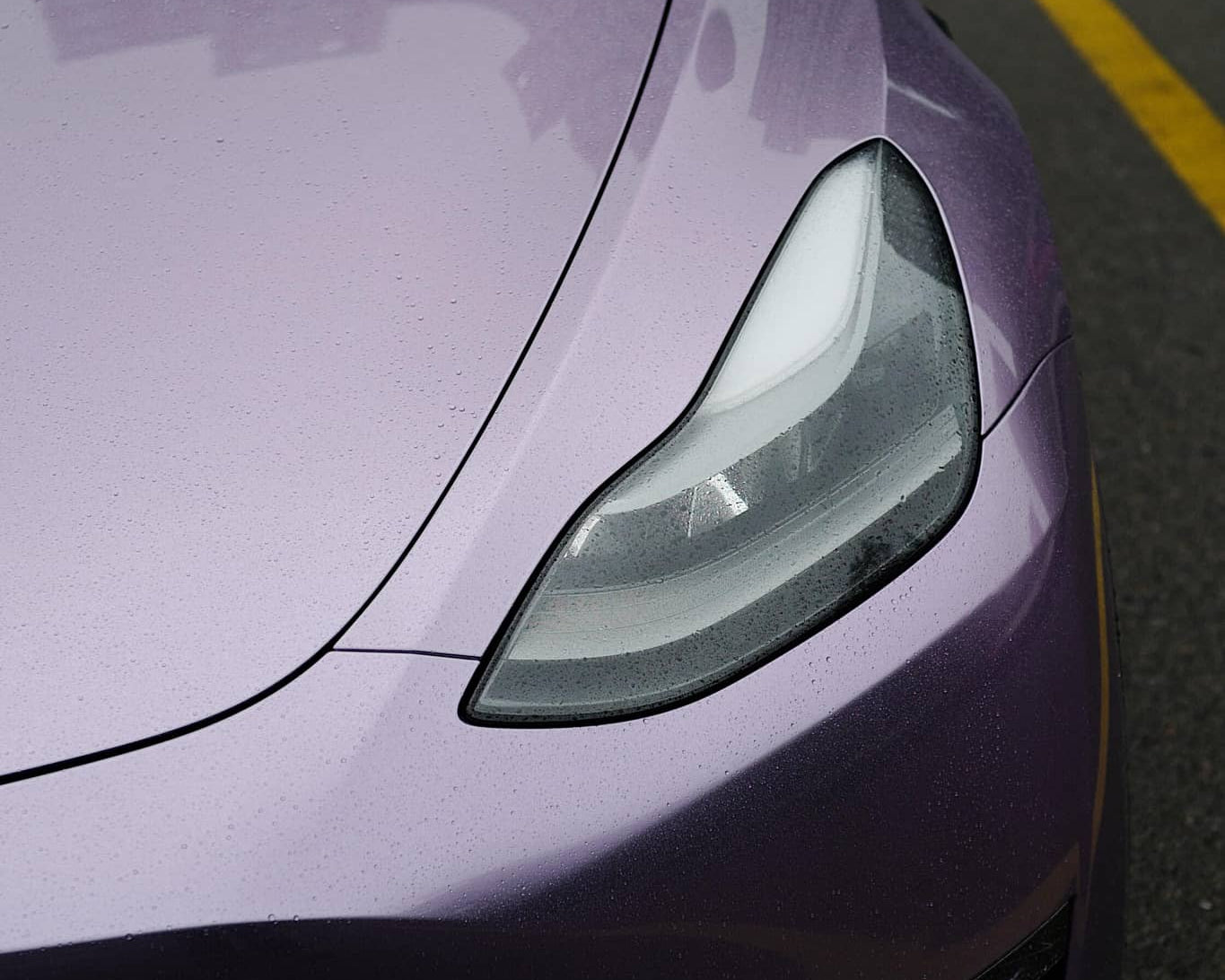 Close-up of a Tesla car front with a purple Pre-cut Tesla Wrap Kit applied on the hood and headlight