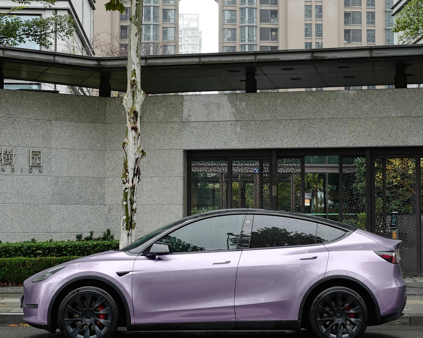 Tesla Model Y wrapped in a matte purple using a Pre-cut Tesla Wrap Kit by WrapBug parked on city street