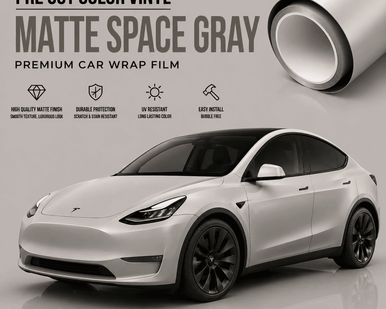 WrapBug matte SPACE GRAY tesla wrap premium car vinyl film roll with white Tesla Model Y SUV