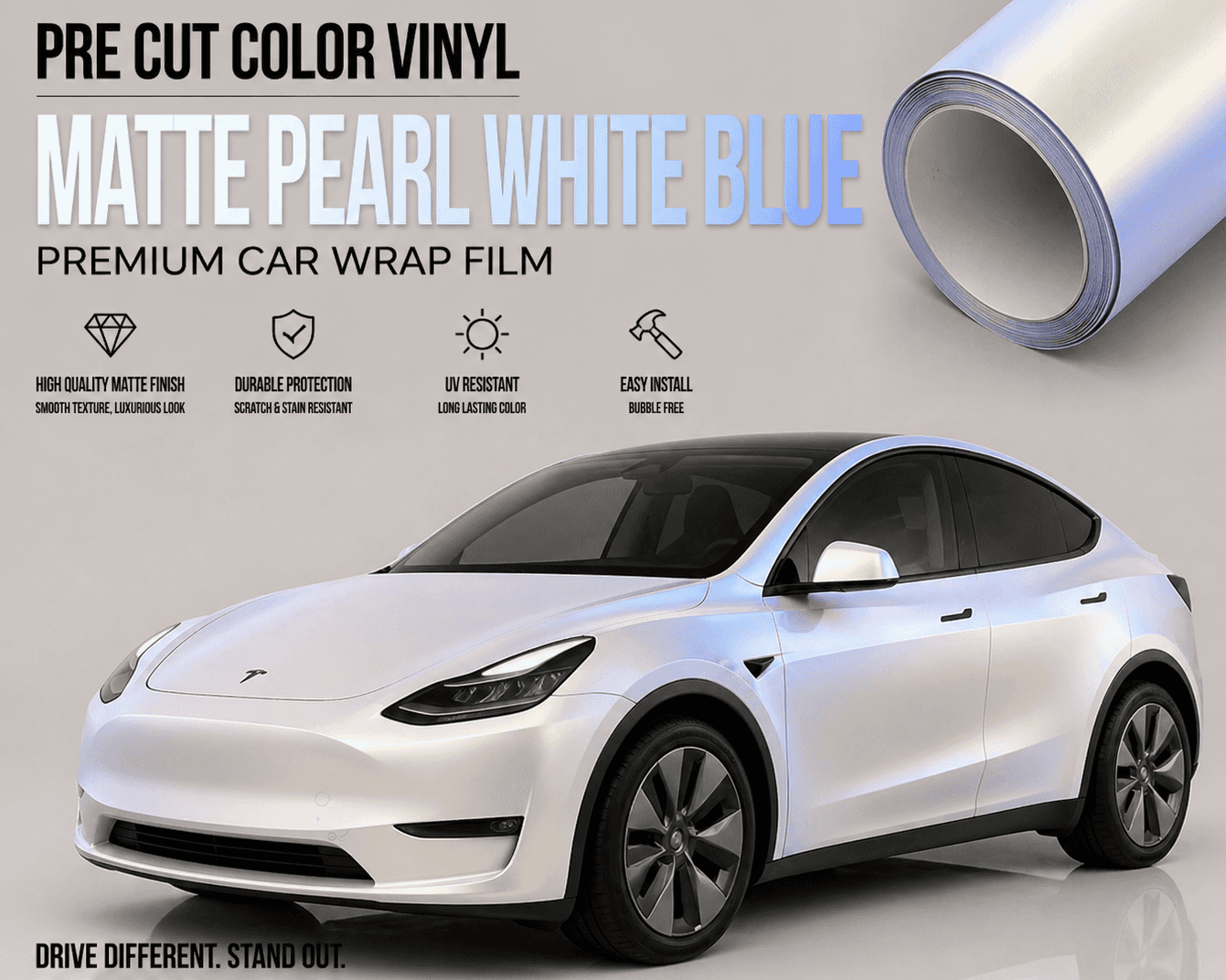 Tesla car wrapped in matte white tesla wrap showing smooth texture and premium protection