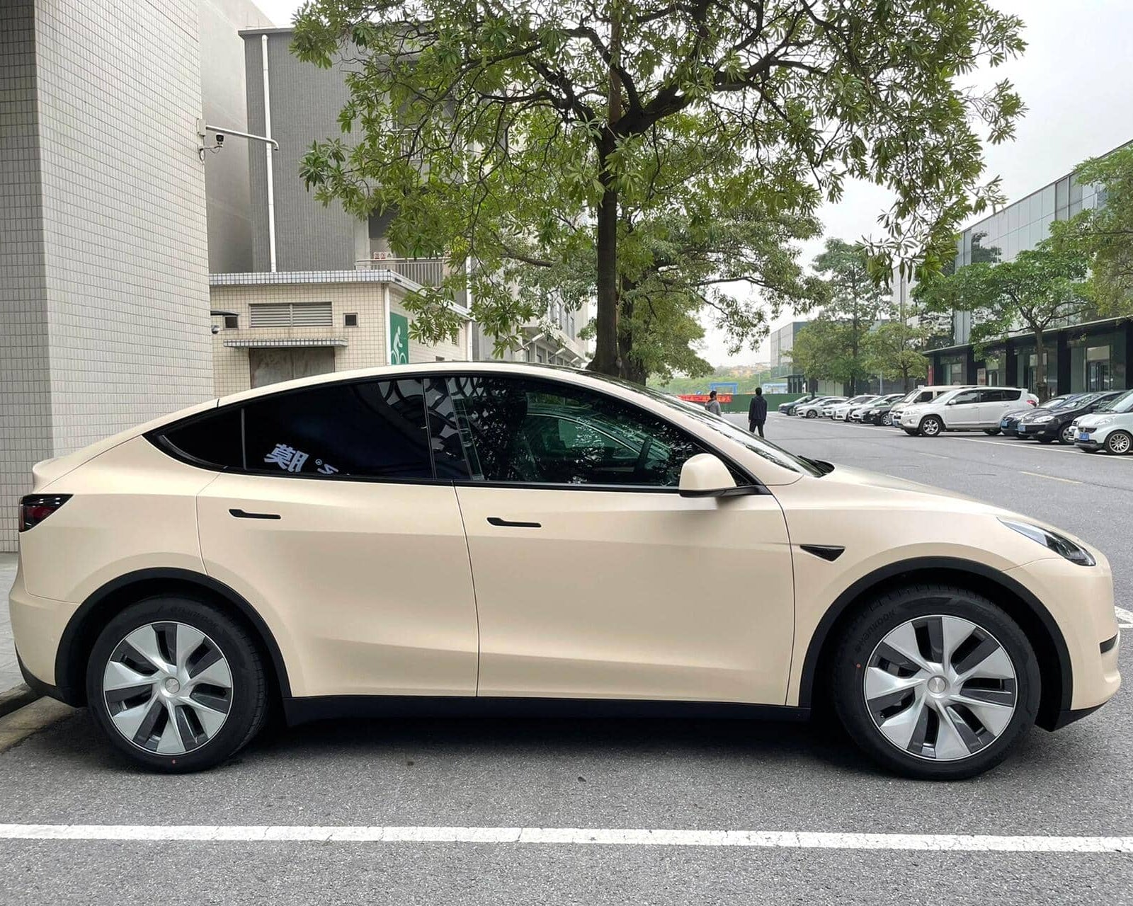 Tesla Model Y side view featuring a matte MATTE SPACE GRAY tesla wrap by WrapBug in urban parking