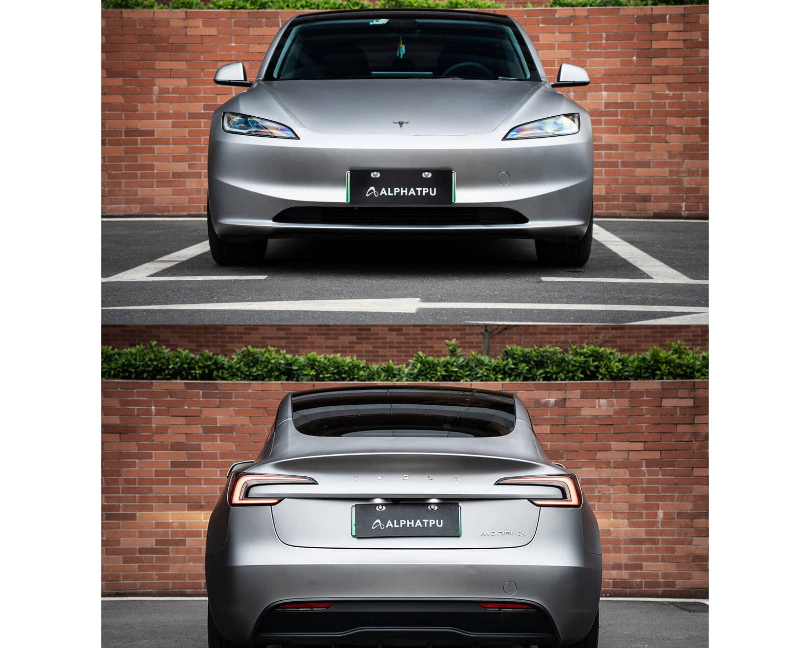 Front and rear view of silver Tesla Model 3 with a smooth tesla model 3 wrap by WrapBug in a parking lot