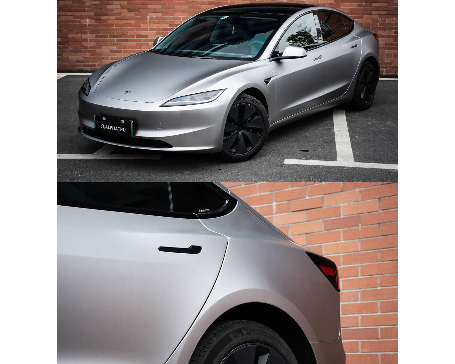 Silver Tesla Model 3 with matte finish showcasing a sleek tesla model 3 wrap by WrapBug