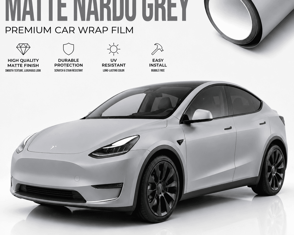 Tesla Model 3 wrap in matte Nardo grey vinyl by WrapBug with high quality and UV resistant finish