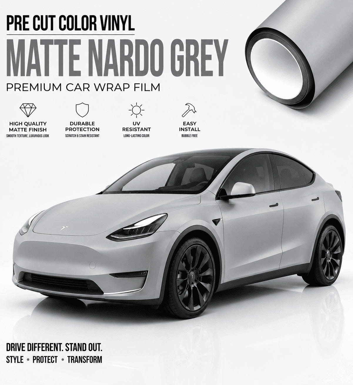 Tesla Model 3 wrap in matte Nardo grey vinyl by WrapBug with high quality and UV resistant finish