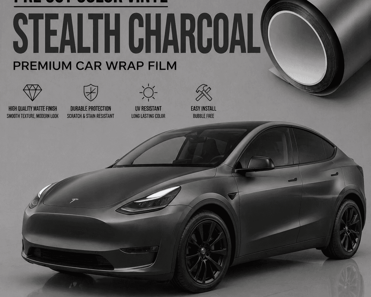 WrapBug stealth charcoal pre cut color vinyl premium car wrap film on a black Tesla SUV