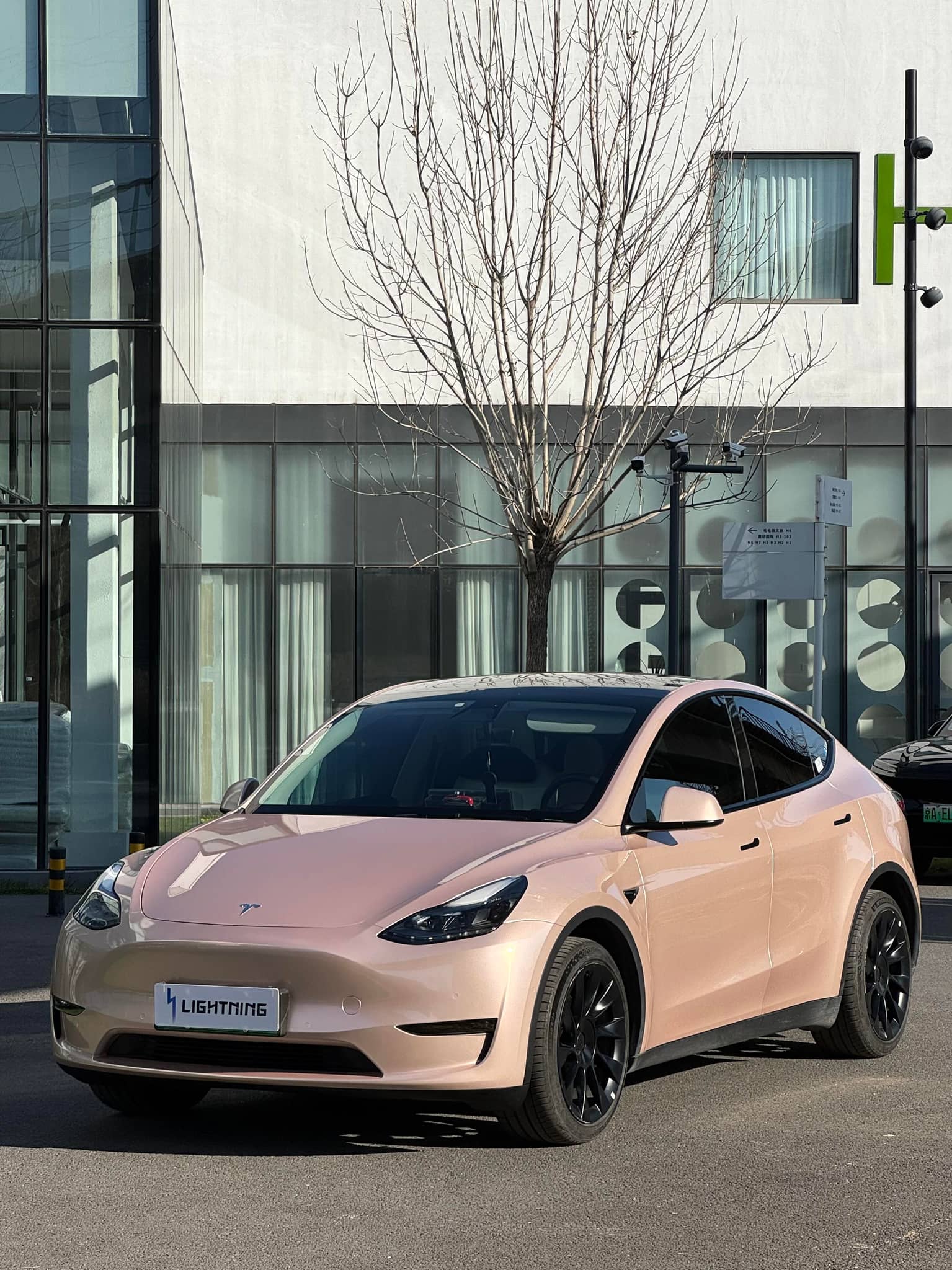Pink Tesla Model Y wrapped using a Pre-cut Tesla Wrap Kit by WrapBug parked in front of a modern building