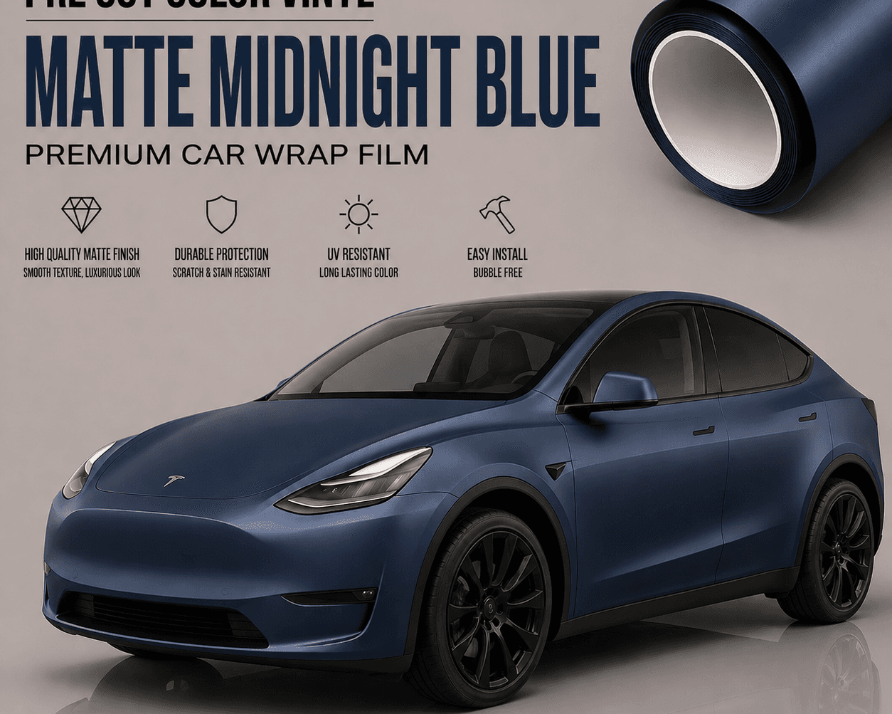 Matte midnight blue tesla vinyl wrap on Tesla Model Y with high quality and easy install features