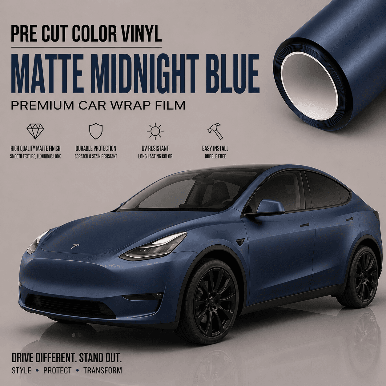 Matte midnight blue tesla vinyl wrap on Tesla Model Y with high quality and easy install features