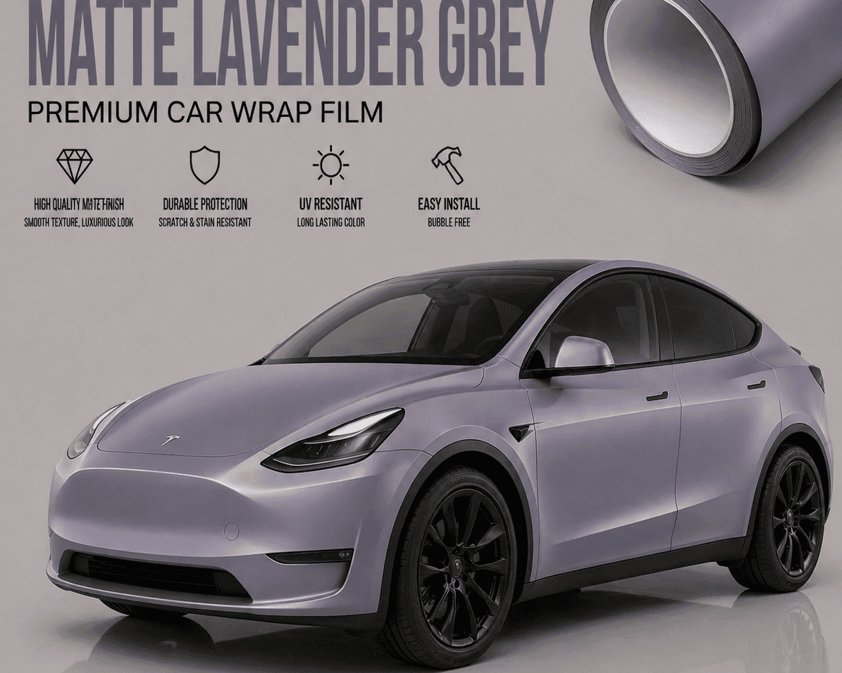 Tesla Model Y wrapped in matte lavender grey tesla vinyl wrap by WrapBug showcasing premium car wrap film