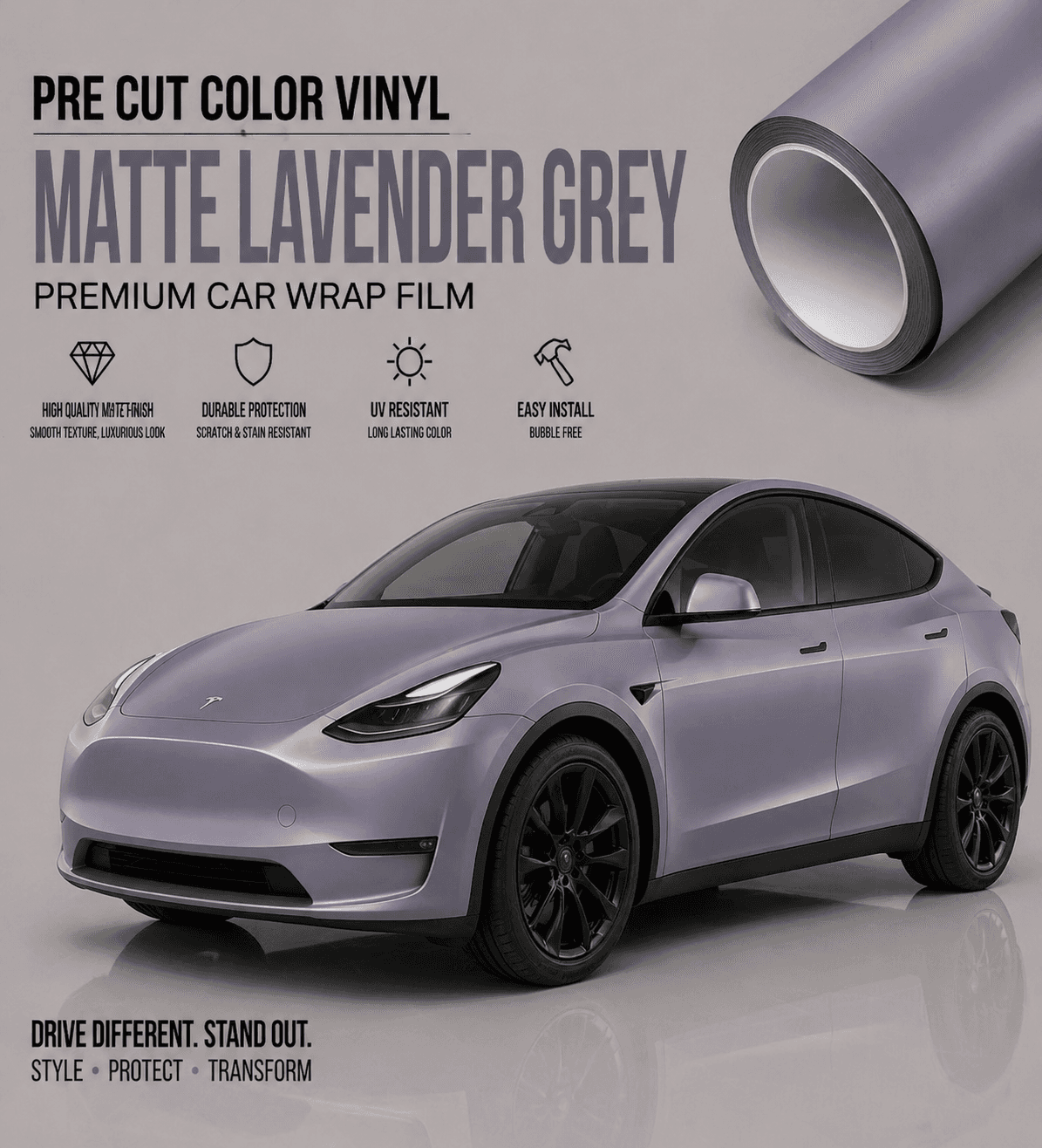 Tesla Model Y wrapped in matte lavender grey tesla vinyl wrap by WrapBug showcasing premium car wrap film